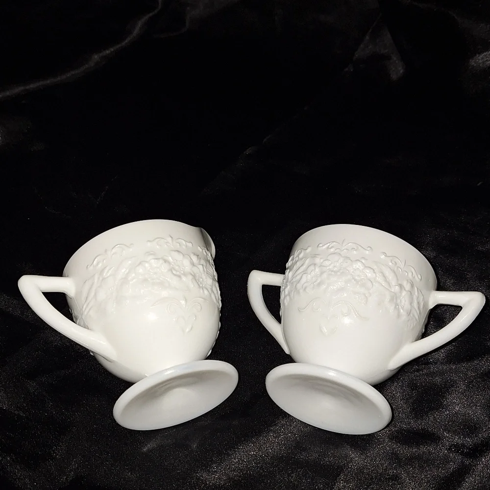 Vintage Indian Co. Pressed Milk Glass~Sugar Bowl and Creamer Set~Orange Blossom